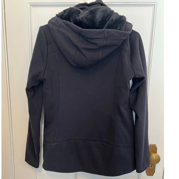 Athleta Women's M Black Zip Up Hoodie Faux Fur Lined Cozy Jacket Thumb Holes - Picture 2 of 13